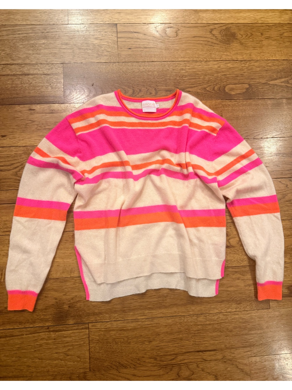 Brodie Cashmere Pink, Orange & Cream Striped Crewneck Sweater